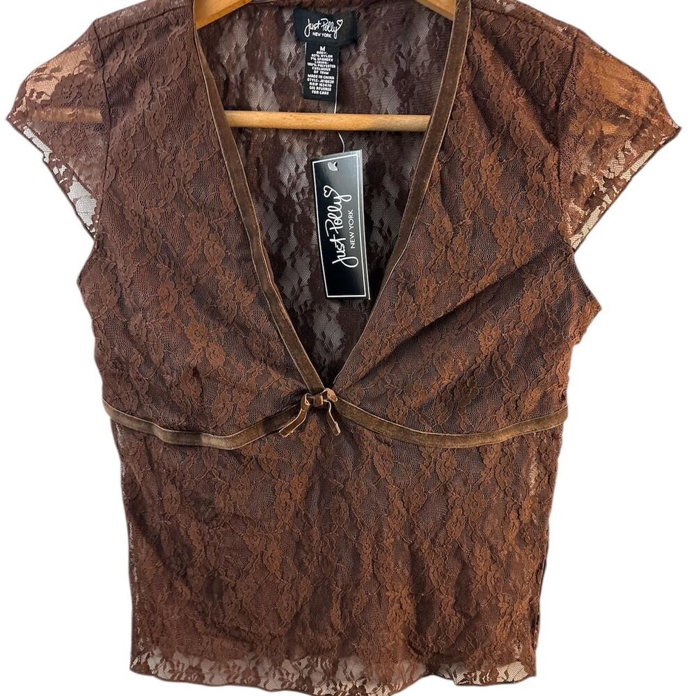 NWT Just Polly Chocolate Brown Lace Tee Lined Front Y2k Coquette Baby Tee